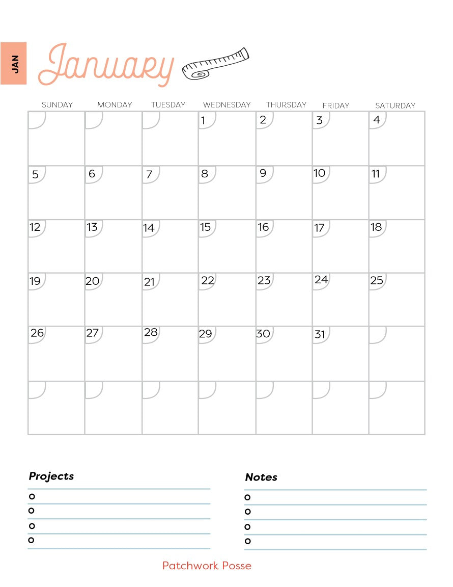 January 2025 Calendar Printable for Quilters