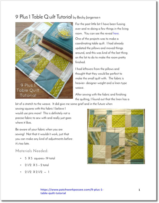 9 plus 1 Table Quilt - pdf tutorial