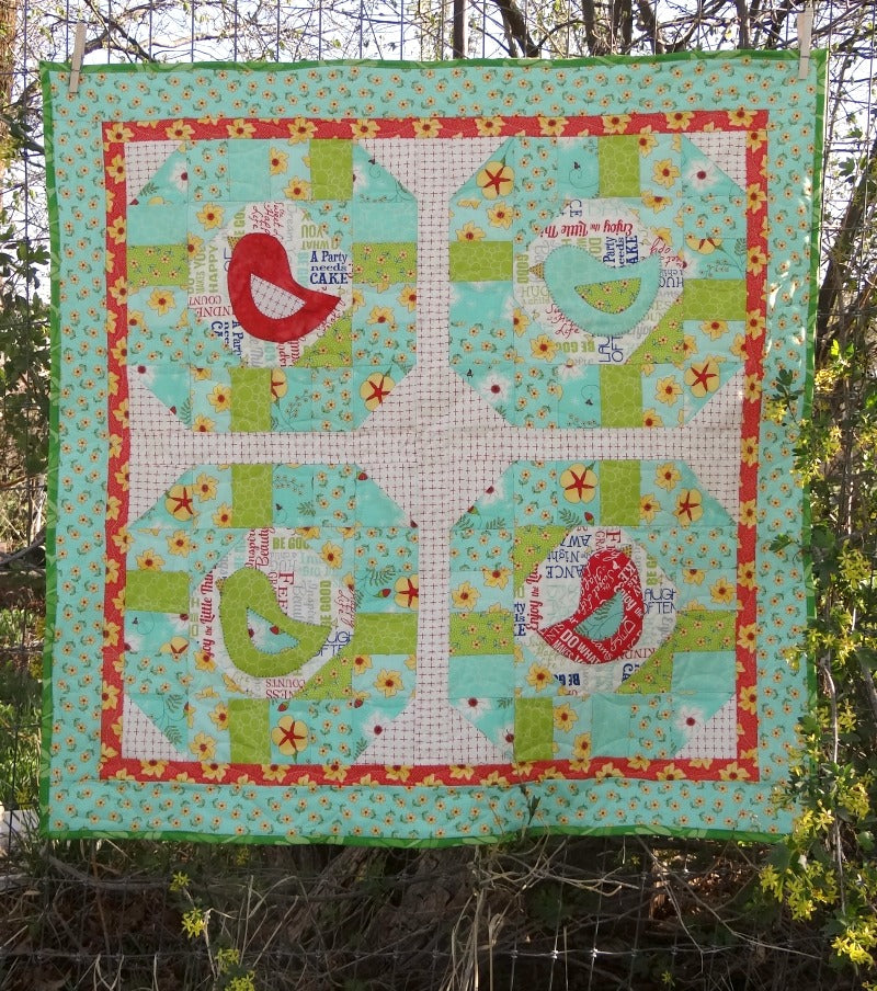 Early Bird Quilt Pattern. Finished size 37" square. Simple design with fun bird applique!