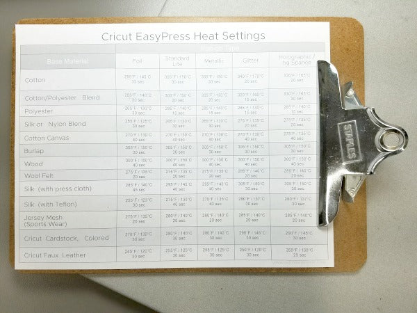 EasyPress Settings Printable