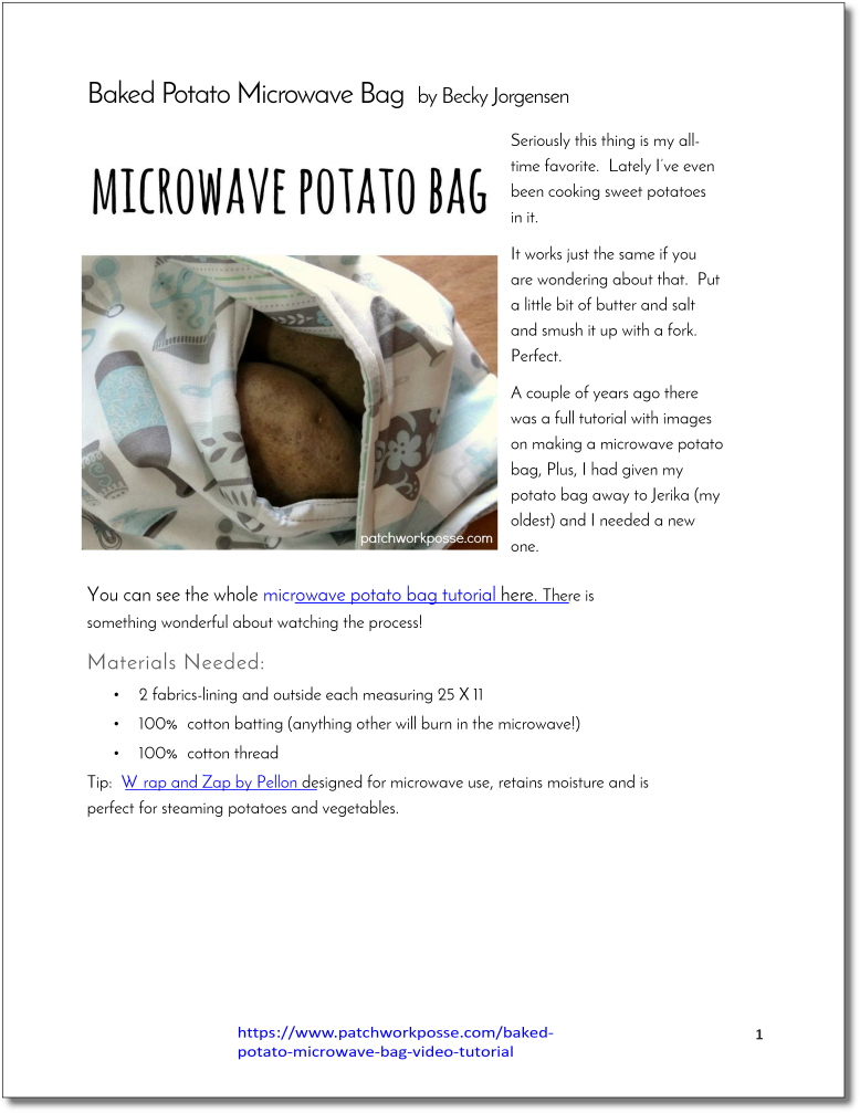 Microwave Potato Bag - pdf tutorial