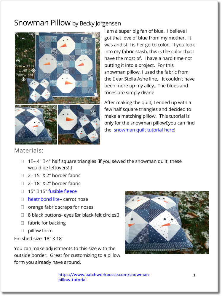 Snowman Pillow - pdf tutorial